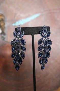 Blue Clip-on Earrings For Wedding, Blue Glamorous Crystal Earrings For Evening, Glamorous Blue Crystal Earrings For Evening, Blue Crystal Earrings For Formal Occasions, Blue Glamorous Crystal Earrings For Formal Occasions, Evening Blue Crystal Earrings With Rhinestones, Sapphire Crystal Earrings For Party, Prom Dress Jewelry, Prom Flowers Corsage