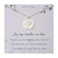 a necklace with the words for my mother - in - law on it and a tree charm