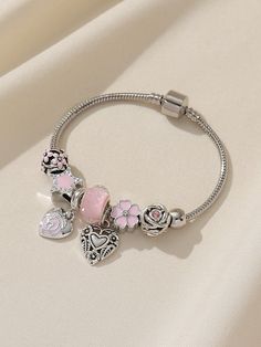 Silver Pandora Bracelet With Rose Gold Charms, Pandora Pink Charm Bracelet, Jewellery And Accessories, Sweet 16 Bracelets, Cute Cheap Jewelry, Fake Pandora Bracelet, Silver Braclate, Silver And Pink Jewelry, Pandora Pink Bracelet