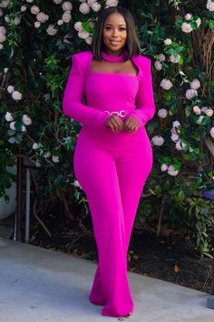 Stretch jumpsuit, Round neckline, Long sleeves, Cut out, Zipper closure. Model is wearing a medium Model is a size 9-10 in pants Model measurement: 32 bust, 28 waist, and 45 hip. The inseam is 34 Luxury Pink Long Sleeve Palazzo Set, Luxury Pink Wide-leg Pantsuit, Girly Clothes, Pants Elegant, Pink Passion, Stretch Jumpsuit, Pants Model, Pink Long Sleeve Shirt, Beautiful Gif