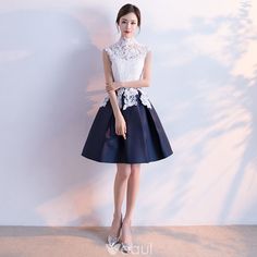 Affordable Chinese style Graduation Dresses 2017 Lace Appliques High Neck Sleeveless White Navy Blue Short Ball Gown Short Bridal Dress, Blue Ball Gowns, Dresses Spring, Trendy Skirts, Graduation Dresses, Lace Outfit, Formal Dresses Short, High Neck Sleeveless, White Short Dress