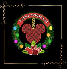 mickey mouse christmas ornament with holly wreath and berries on black background, merry christmas