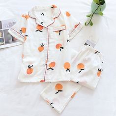 Elegant Printed Short Sleeved Pajamas Suit — Original Pajamas Comfortable Summer Sleepover Sets, Comfortable Summer Sets For Pajama Party, Summer Sleepwear Cotton Sets, Comfortable Summer Sleepwear For Loungewear, Comfortable Relaxed Fit Summer Sets, Comfortable Relaxed Fit Pajama Party Sets, Orange Cotton Sleepwear For Loungewear, White Casual Sleepwear Set, Casual White Sleepwear Set