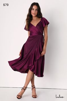 It's easy to look gorgeous when you've got a secret weapon like the Lulus Serene Sight Plum Purple Midi Wrap Dress! Lightweight, crinkle-woven fabric (with a subtle sheen throughout) shapes this elegant dress that has short flutter sleeves (with elastic at the shoulders) atop a surplice bodice with light gathering at the front. Overlapping skirt features tiered ruffles and falls to a slight high-low midi hem. Fit: This garment fits true to size. Length: Knee to mid-calf length. Size medium measu August Wedding Guest Dress Plus Size, Dress For Big Arms Women, Wrap Dress With Ruffles, Ring Outfit, Wedding Guest Dress Midi, Wedding Guest Outfit Winter, Cocktail Dress Wedding Guest, Summer Cocktail Dress, Wrap Dress Midi