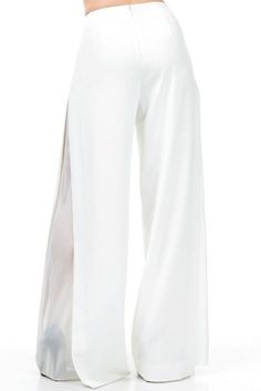 Side Chiffon Panel Palazzo Pants100% Polyester Elegant Wide Leg Pants With Side Slits, Elegant Ankle-length Pants For Party, Fitted White Bottoms With Split Design, Elegant Wide-leg Pants With Side Slits, White Fitted Bottoms With Split Design, Chic High-waisted Wide Leg Pants With Side Slits, White Wide Leg Bottoms For Night Out, White Evening Bottoms For Summer, Elegant Bottoms With Elastic Waistband