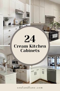 white kitchen cabinets with text overlay that reads, 24 cream kitchen cabinets