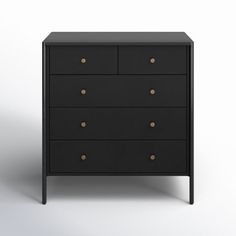 a black chest of drawers with gold knobs on the top and bottom, against a white background