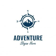 the adventure logo is shown with mountains in the background and sun rays coming through it