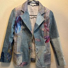 Beautiful Vintage 2000’s Distressed Denim And Floral Print Roberto Cavalli Jacket With Gold Accents. Size Large But Fits More Like A Small. Fair Condition. There Are Some Stains On The Inner Sides Of The Jacket. Not As Noticeable In Person. No Visible Stains On The Outside. Fitted Spring Outerwear With Patch Pockets, Designer Spring Blazer With Button Closure, Spring Denim Blazer With Patch Pockets, Spring Fitted Denim Jacket With Patch Pockets, Spring Multicolor Outerwear With Patch Pockets, Spring Multicolor Patchwork Blazer, Designer Multicolor Spring Blazer, Designer Multicolor Blazer For Spring, Designer Cotton Blazer For Spring