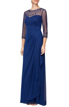 Free shipping and returns on Alex Evenings Embellished A-Line Gown at Nordstrom.com. Face-brightening beads and waist-whittling ruching will make this regal evening gown a sure-fire winner. Elegant Fitted Chiffon Lace Dress, Evening Chiffon Lace Dress, Formal Mother Of The Bride Dress With Lace Sleeves, Scalloped Lace Gown For Gala And Prom Season, Scalloped Lace Gown For Gala During Prom Season, Elegant Gown With Lace Bodice In Chiffon, Formal Lace Dress With Ruffles, Formal Lace Dress With Ruched Bodice, Prom Floor-length Scalloped Lace Evening Dress