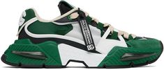 Low-top paneled semi-sheer taffeta, suede, and buffed leather sneakers in green. · Silver tone reflective trim at toe · Lace-up closure · Logo patch at padded tongue · Padded collar · Detachable logo patch at outer side · Pull-tab at sides · Logo embroidered at heel counter · Terrycloth lining · Treaded rubber sole with rubber injection Supplier color: Verde/Nero Green It, Hermes Birkin 25, Versace Bags, Birkin 25, Balenciaga Designer, Fendi Bags, Lv Bag, Casual Backpack, Dior Bag