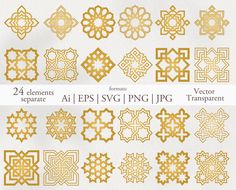 the different types of geometric designs are shown in gold and white, as well as an example