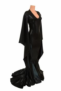 Incubus Sleeve Puddle Train Gown in Black Mystique Metallic Spandex Formal Gothic Witch Vampire Mort Elvira Costume, Witch Vampire, Gothic Witch, Incubus, Wiggle Dress, Olive Branch, Maleficent, V Neckline, Cosplay Costumes