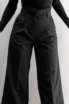 Double Belt Wool Trousers High Waist Trousers Wide Leg - Etsy Wide Leg Pinstripe Pants For Work, Pinstripe Wide Leg Pants For Work, Pinstripe Workwear Pants With Belt Loops, Pinstripe Wide Leg Bottoms For Workwear, Wide Leg Pinstripe Business Pants, Business Winter Wide Leg Bottoms, Pinstripe Wide Leg Business Pants, Business Wide Leg Bottoms For Winter, Pinstripe Wide Leg Bottoms For Business Casual