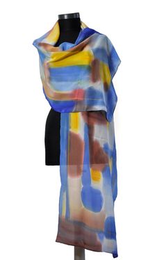 Hand painted silk scarf/Abstract painting scarf/Luxury Artistic Blue Silk Scarves, Modern Multicolor Silk Scarf, Elegant Yellow Silk Shawl, Artistic Blue Silk Scarf, Contemporary Multicolor Silk Scarf, Artistic Silk Shawl Scarf As Gift, Multicolor Silk Scarf With Abstract Print, Artistic Multicolor Silk Shawl, Artistic Multicolor Silk Scarf With Abstract Shape