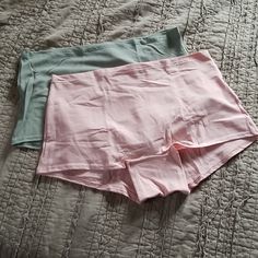 2 Pairs Of Pink Cotton Boyshorts In Pale Pink And Sage Green Solid Boxer Briefs For Summer Loungewear, Summer Boxer Briefs For Loungewear, Stretch Brief Shorts For Loungewear, Casual Pink Short Boxer Briefs, Stretch Sleepwear With Built-in Shorts, Pink Boxer Briefs With Built-in Shorts For Summer, Pink Casual Boxer Briefs For Loungewear, Casual Pink Boxer Briefs For Loungewear, Stretch Green Pajama Shorts