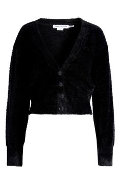 Crafted from the brand's ultrasoft fuzzy knit with plenty of stretch, this relaxed V-neck cardigan is an essential for keeping you cozy and looking oh-so cute. 19 1/2" length (size Small) Front button closure V-neck Long sleeves with ribbed cuffs 99% nylon, 1% spandex Hand wash, dry flat Imported Black Owned/Founded Black V-neck Winter Cardigan, Black Fuzzy Cardigan, Black V-neck Soft Knit Outerwear, Black V-neck Soft Knit Cardigan, Black Textured Knit V-neck Cardigan, Ribbed Cardigan, V Neck Cardigan, Good American, Nordstrom Store