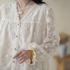 Details: Gender: Women Item Type: Blouse Material: Cotton Season: Spring, Autumn Pattern: Embroidery Style: Casual, Loose, Retro Waist Type: Elastic Waist Size: One Size Length: 61.00 cm/ 24.02 " Bust: 118.00 cm/ 46.46 " Shoulder: 40.00 cm/ 15.75 " Sleeve: 59.00 cm/ 23.23 " V-neck Lace Blouse With Floral Embroidery, Lace V-neck Blouse With Floral Embroidery, Beige Long Sleeve Blouse With Chikankari Embroidery, Summer Embroidery, Autumn Pattern, Pattern Embroidery, Spring Fabric, Blouse Material, Spring Sale