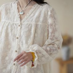 Details: Gender: Women Item Type: Blouse Material: Cotton Season: Spring, Autumn Pattern: Embroidery Style: Casual, Loose, Retro Waist Type: Elastic Waist Size: One Size Length: 61.00 cm/ 24.02 " Bust: 118.00 cm/ 46.46 " Shoulder: 40.00 cm/ 15.75 " Sleeve: 59.00 cm/ 23.23 " Spring Vintage Blouse With Intricate Embroidery, Summer Embroidered Cottagecore Blouse, Cottagecore Floral Cotton Blouse, Embroidered Cottagecore Blouse, White Cotton Cottagecore Blouse, Summer Embroidery, Autumn Pattern, Blouse Material, Spring Fabric