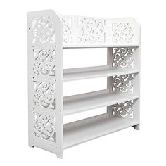 an ornate white shelf with three shelves on each side and one section open to show the bottom