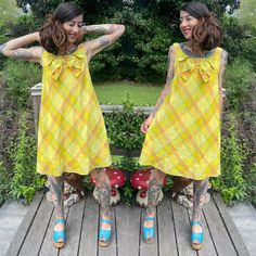 "If you're a fan of tent dresses like myself, this is the piece for you! Ultra mod and adorable 60's Twiggy dress. Yellow with a rainbow plaid and oversized bow at chest. Back zipper, fully lined.  Bust: best for 30-34\" Waist: up to 38\" Hips: up to 50\" Model is 5'7\" and 115 lbs with 30\" bust, 24\" waist, and 34\" hips. This fit great!" 60s Twiggy, Twiggy Dress, Rainbow Plaid, 115 Lbs, Dress Bow, 1960s Mod, Tent Dress, Yellow Plaid, Dress Yellow