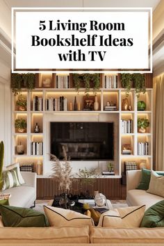 a living room with bookshelves and couches in front of a tv on the wall