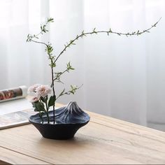 a vase with some flowers in it sitting on a table next to a book and magazine