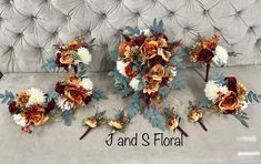 the bridal bouquets are arranged on the back of an old couch for display