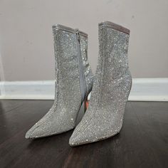 Steve Madden/ Elysia/ Rhinestone/ Boots/ Nwot/ Never Worn/ 4 Inch Heel/ Kept In A Pet Free And Smoke Free Home Formal Embellished Heeled Boots With Round Toe, Glamorous Embellished Ankle Boots, High Heel Winter Boots With Rhinestones, Party Boots With Rhinestones And Round Toe, Bedazzled Pointed Toe Boots For Party, Bedazzled Pointed Toe Party Boots, Elegant Boots With Rhinestone Fringe And Round Toe, Silver High Heel Boots With Rhinestone Fringe, Formal Heeled Boots With Rhinestones And Round Toe