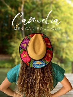 Mexican Embroidered Sun Hat – Camelia Mexican Boutique Artisan Hat For Spring Vacation, Artisan Spring Vacation Hat, Artisan Panama Hat For Spring Vacation, Summer Embroidered Short Brim Hat, Embroidered Summer Hat With Short Brim, Casual Embroidered Sun Hat For Summer, Brown Cotton Sun Hat For Beach, Traditional Woven Straw Hat For Spring, Summer Brimmed Hats With Embroidery