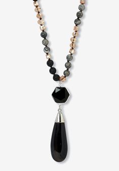 Add a touch of natural elegance to your wardrobe with this stunning genuine black agate beaded drop necklace. Featuring genuine black lava stone accents, it's the perfect gift for lovers of bohemian style. Due to the natural characteristics of these unique gemstones, variations in color and appearance may occur. Silvertone. 32 inch length, pullover style.FABRIC: SilvertoneMain Stone: 1 Special Cabachon Cut Genuine Black Agate, 51 mm x 21 mm1 Special Cabachon Cut Genuine Black Agate, 18 mm x 18 mm24 Round Cabachon Cut Genuine Black Lava, 8 mm x 8 mm27 Round Cabachon Cut Genuine Grey Agate, 8 mm x 8 mmDimensions: 21 mm wide x 32 inches long x 15 mm highIncludes gift box and drawstring pouch available in sizes ONE SIZE | Women's Genuine Black Agate Silvertone Drop Necklace, 32-Inch Length by Wedge Dress Shoes, Platinum Credit Card, Grey Agate, Black Agate, Drawstring Pouch, Unique Gemstones, Lava Stone, Leather Shops, Drop Necklace