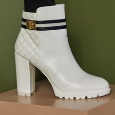 Very Cute White Boots With Belt Detailing. Never Been Worn, Wrapping Is Still On The Hardware. Chic White Boots With Padded Ankle, Chic White Heels With Padded Ankle, White Block Heel Work Boots, White Block Heel Boots For Work, Cute White Boots, Tan Knee High Boots, Black Velvet Boots, Just Fab Boots, Cute Black Heels