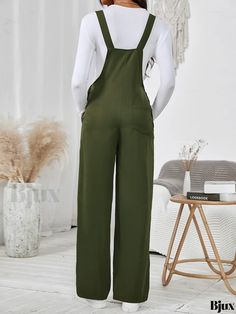 Bjux - Versatile Flap Pocket Overall Jumpsuit: A Stylish and Functional Womens Wardrobe Essential for Spring and Fall Casual Green Solid Color Overalls, Casual Green Jumpsuits And Rompers With Side Pockets, Casual Green Jumpsuits And Rompers For Work, Casual Green Jumpsuits For Workwear, Casual Khaki Jumpsuits And Rompers With Side Pockets, Casual Green Solid Color Jumpsuits And Rompers, Casual Khaki Overalls Jumpsuits And Rompers, Sleeveless Khaki Jumpsuit With Pockets, Green Sleeveless Solid Color Overalls