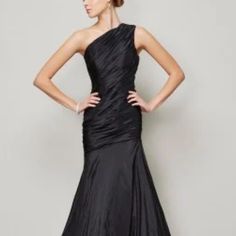 Long Gown. One Shoulder Black Nwt Fitted Black Gown For Cocktail, Black Stretch Gown For Gala, Black Fitted Chic Gown, Chic Black Fitted Gown, Black Stretch Gown For Wedding, Stretch Black Gown For Wedding, Black Stretch Evening Dress For Wedding, Black Stretch Gown For Evening, Formal Black Fitted Gown