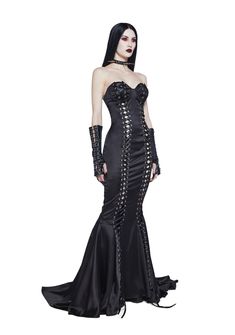 This strapless maxi dress has a satin construction with a wired underbust, a front ribbon lace-up design with self-tie hem closures, a short train, and a back hook and zipper closure. Baddie Wishlist, Luxurious Dresses, Aesthetic Dress, Black Clothes, Black Dolls, Strapless Maxi, Strapless Maxi Dress, Satin Maxi, Black Doll