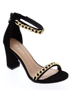 Strappy heeled sandal in black with gold chunky chain detal.  -PU Chain Strap Open Toe Sandals For Night Out, Gold Sandals With Gold Chain For Party, Gold Chain Sandals For Evening, Chic Open Toe Sandals With Gold Chain, Chic Gold Sandals With Chain Strap, Chic Gold Sandals With Chain Detail, Trendy Party Sandals With Chain Detail, Chic Gold Sandals With Gold Chain, Chic Gold Sandals With Chain