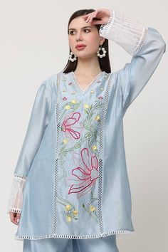 Blue kurta with floral thread embroidery embellished by pearl and scalloped lace. Comes with pant. - Aza Fashions Floral Thread Embroidery, Blue Kurta, Pant For Women, Kurta With Pants, Thread Embroidery, Scalloped Lace, Pants Pattern, Cotton Silk, Aza Fashion