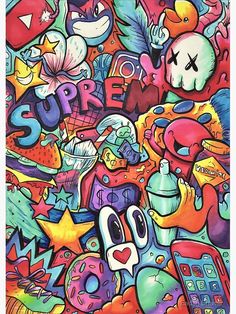 a colorful painting with lots of different things on it's surface and the words super written