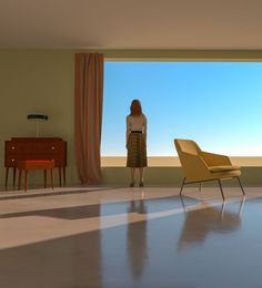 a woman standing in an empty room looking out the window at another chair and table