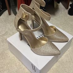 Good Ankle Strap Evening Shoes Never Worn. Heel Height Is About 4 1/2 Inches. Glamorous Gold Ankle-high Heels, Gold Ankle-high Heels With 4-inch Heel, Gold Ankle-high Heels For Formal Occasions, Heels With Ankle Strap, Gold Heels, Evening Shoes, Shoes Women Heels, Ankle Strap, Heel Height