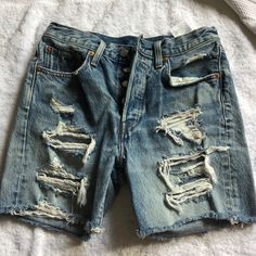 Never Work Levi Shorts Size 27! Blue Ripped Short Leg Bottoms, Ripped Blue Short Bottoms, Blue Ripped Short Bottoms, Levi's Ripped Short Bottoms, Levi's High Waist Blue Pants, Ripped Blue Shorts, Levi's High Rise Ripped Bottoms, Levi's Light Wash Shorts, Levi's Ripped High Rise Bottoms