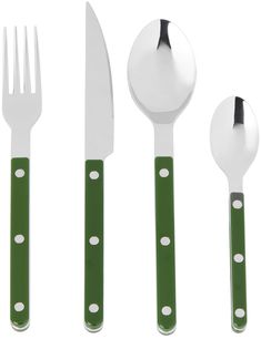 four pieces of green and white utensils with polka dots on the handles, one fork, two spoons