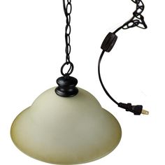 a light hanging from a chain with a white glass shade on it's side