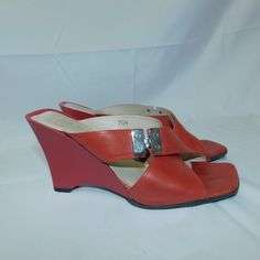 Rare Find...Via Spiga Made In Italy Leather Red Wedge Heel & Cinnamon Reddish Orange Color Straps Sandal. Cool Hinge Buckle On The Top Strap. Square Toe. Worn 1 Time But No Signs Of Wear To Soles. May Have Been Worn Inside. Size 7.5 Retail $350.00 Red Open Toe Wedge Sandals For Evening, Red Leather Wedge Sandals, Red Wedge Heel Sandals For Evening, Leather Wedge Sandals With Red Sole, Elegant Red Slip-on Sandals, Red Synthetic Wedge Sandals With Heel Loop, Red Wedge Heels With Heel Loop, Red High Heel Wedge Sandals For Formal Occasions, Elegant Red Wedge Sandals For Summer