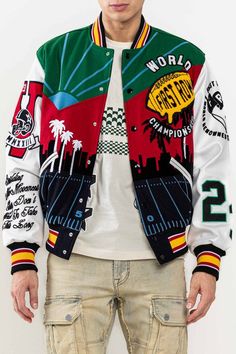 Oversized Patchwork Varsity Jacket For Streetwear, Multicolor Casual Varsity Jacket For College, Multicolor Varsity Jacket For Streetwear, Multicolor Patchwork Outerwear For Streetwear, Multicolor Spring Outerwear For College, Multicolor Patchwork Varsity Jacket For Streetwear, Retro Varsity Jacket With Graphic Print For Winter, Casual Multicolor Varsity Jacket For Streetwear, Retro Winter Outerwear With Graphic Print