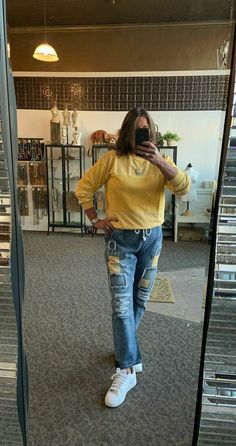 !00% cotton elastic waist jeans with mustard and navy patchwork insets. Drawstring waist. Fit: Wearing the Large. Generally a 29 in a boutique denim. 5'8" 100% cotton, no stretch. Item Number: 330-424 Item ID: 27567 Category: Jeans Patchwork Denim Jeans, Artisan Jewelry Necklaces, Elastic Waist Jeans, Chain Top, Patchwork Denim, Graphic Tops, Denim Patchwork, Waist Jeans, Jogger Jeans