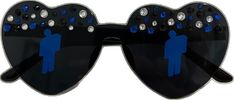 a pair of heart shaped sunglasses with blue silhouettes on them