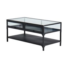 a glass and metal coffee table with shelves