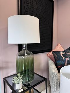 Elegant Green Glass Table Lamp – Ombre Base & White Fabric Shade - Decor interiors Bottle Silhouette, Bottle Table Lamps, Diffused Lighting, Green Glass Bottles, Green Ombre, Modern Accents, Office Spaces, Transitional Decor, Modern Lamp