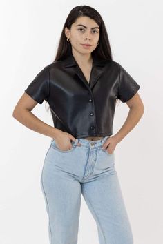 Collar Shirts Women, White Baby Tee, Camp Collar Shirt, Los Angeles Apparel, Black Leather Top, Leather Shirt, Collar Shirt, Leather Jackets Women, Tennis Skirt